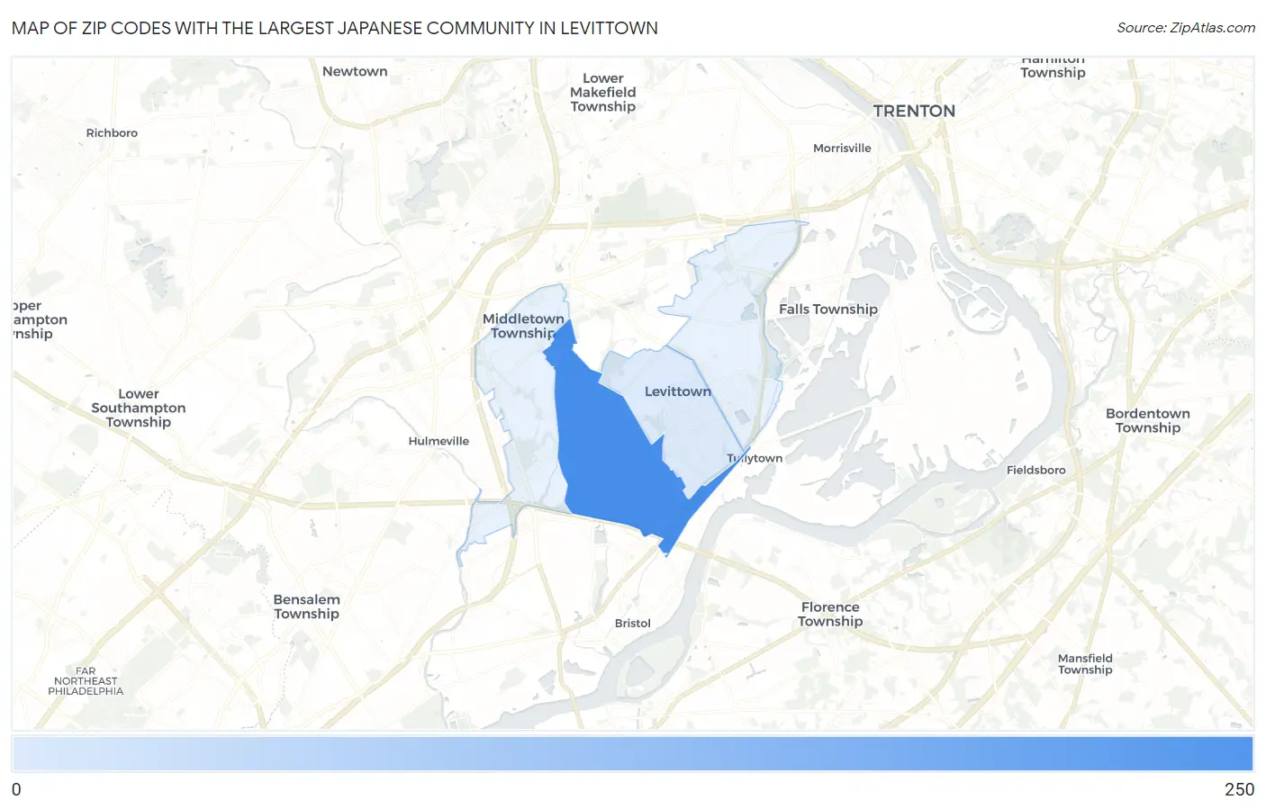 Zip Codes with the Largest Japanese Community in Levittown Map