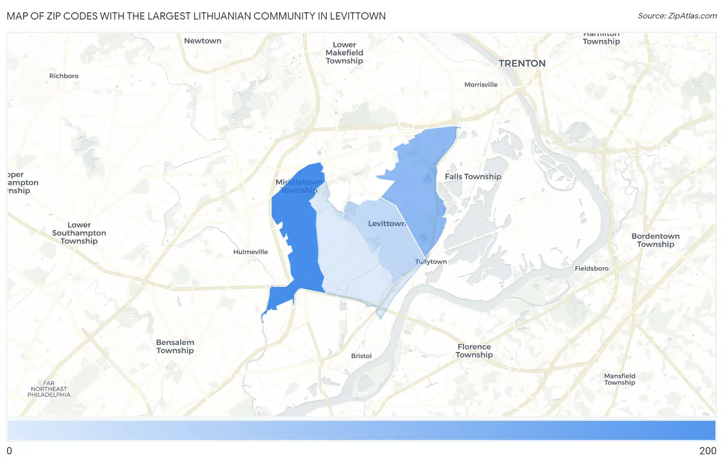 Zip Codes with the Largest Lithuanian Community in Levittown Map
