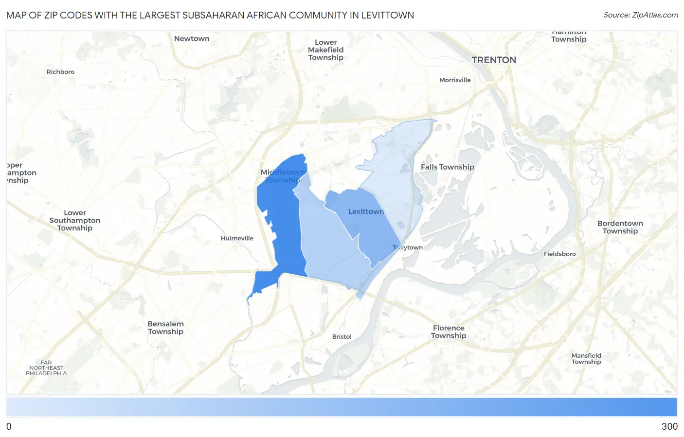 Zip Codes with the Largest Subsaharan African Community in Levittown Map