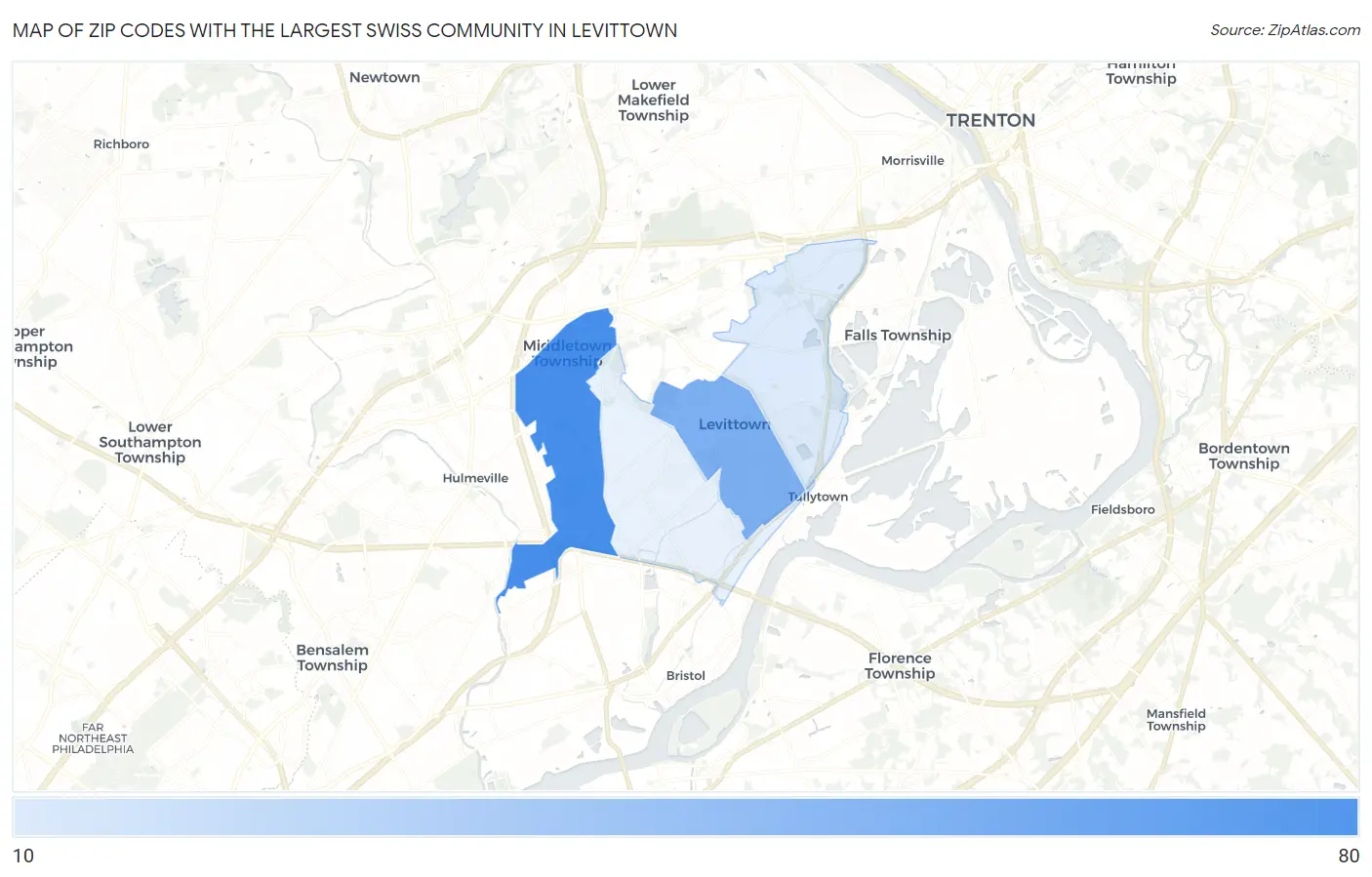 Zip Codes with the Largest Swiss Community in Levittown Map