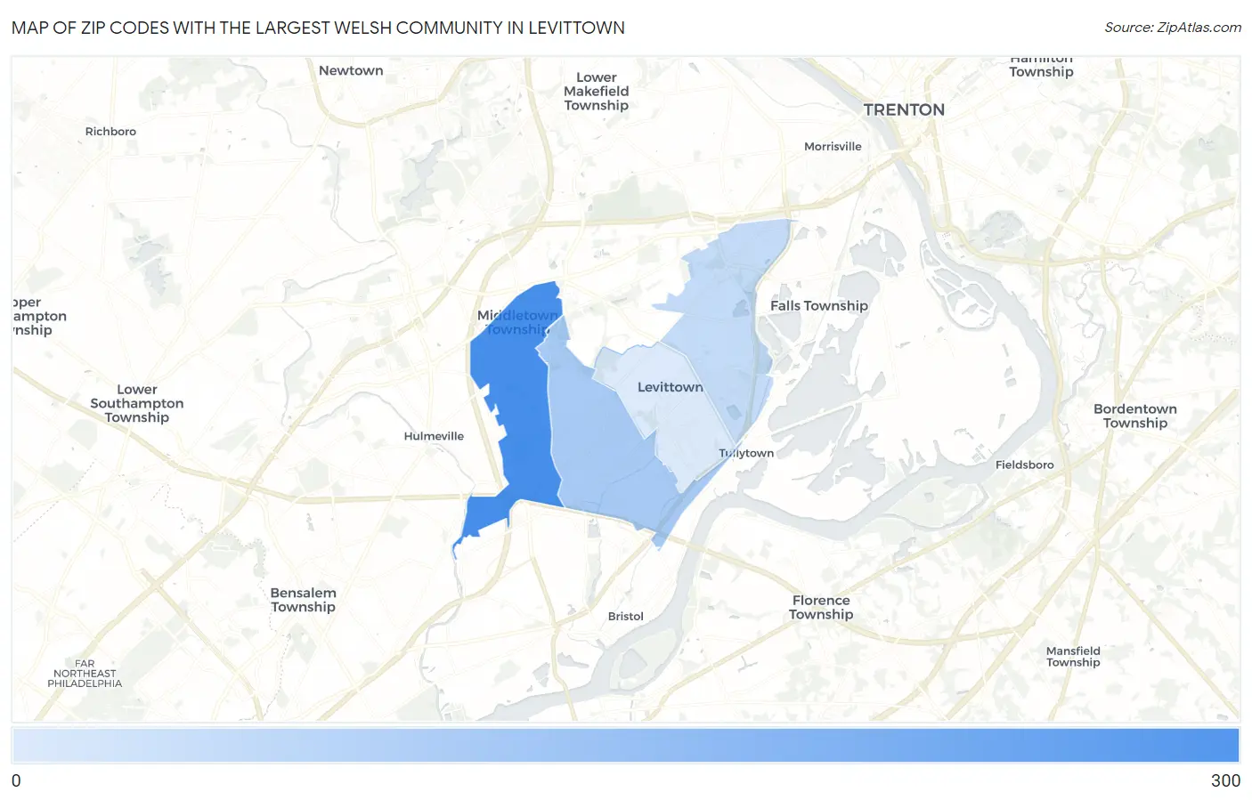 Zip Codes with the Largest Welsh Community in Levittown Map