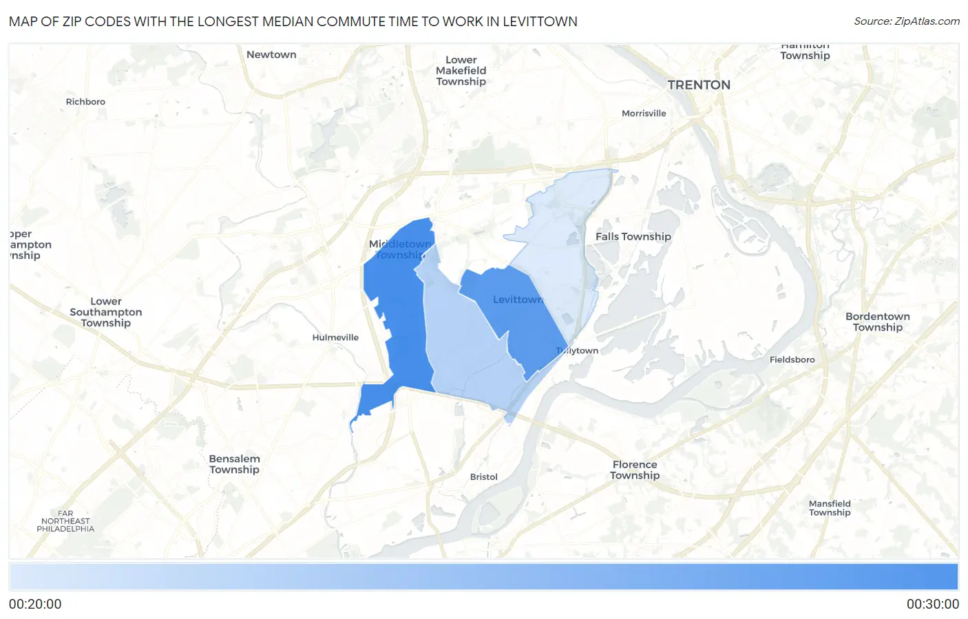 Zip Codes with the Longest Median Commute Time to Work in Levittown Map