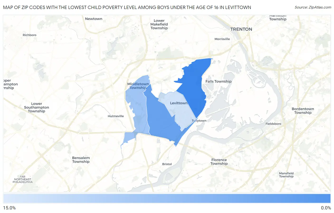 Zip Codes with the Lowest Child Poverty Level Among Boys Under the Age of 16 in Levittown Map