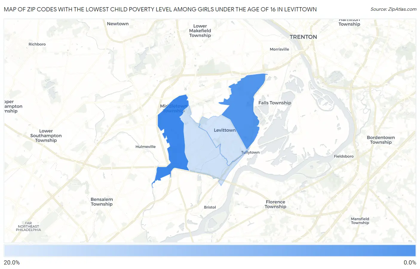 Zip Codes with the Lowest Child Poverty Level Among Girls Under the Age of 16 in Levittown Map
