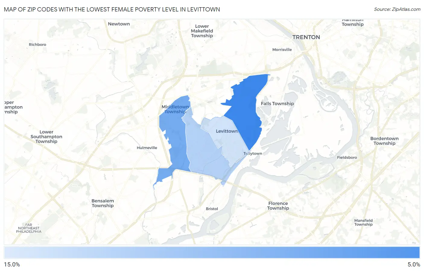 Zip Codes with the Lowest Female Poverty Level in Levittown Map