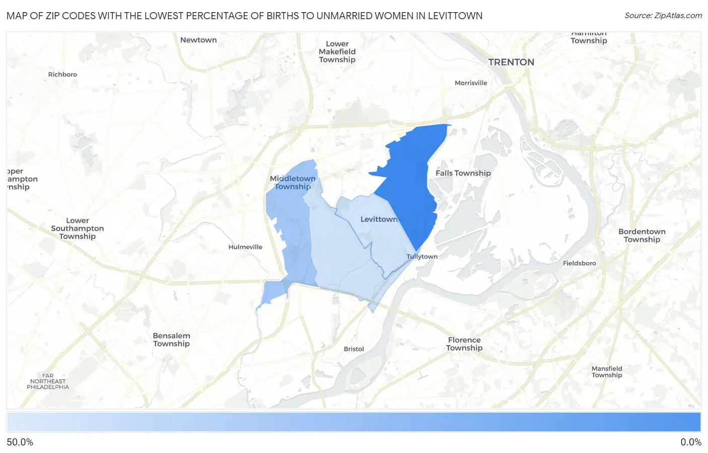 Zip Codes with the Lowest Percentage of Births to Unmarried Women in Levittown Map