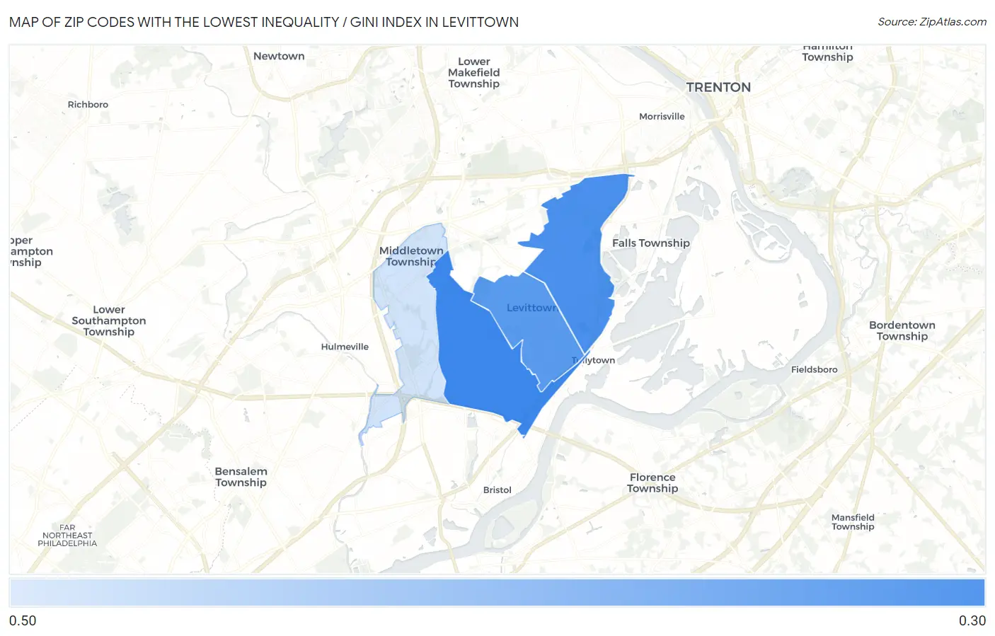 Zip Codes with the Lowest Inequality / Gini Index in Levittown Map