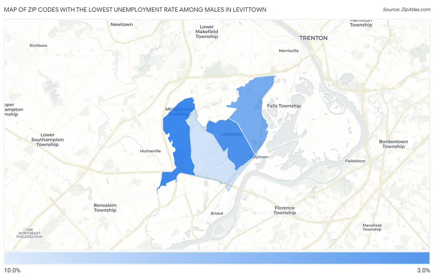 Zip Codes with the Lowest Unemployment Rate Among Males in Levittown Map