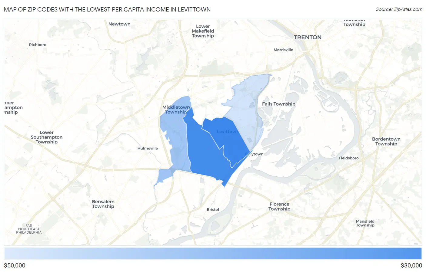 Zip Codes with the Lowest Per Capita Income in Levittown Map