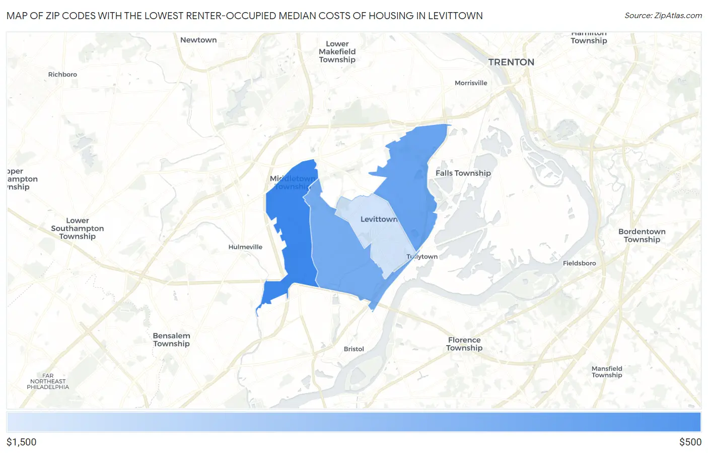 Zip Codes with the Lowest Renter-Occupied Median Costs of Housing in Levittown Map