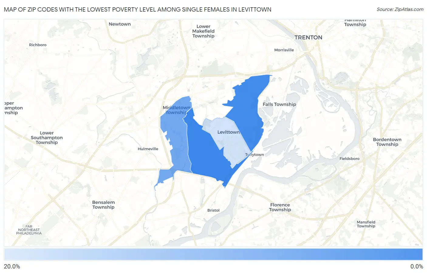 Zip Codes with the Lowest Poverty Level Among Single Females in Levittown Map