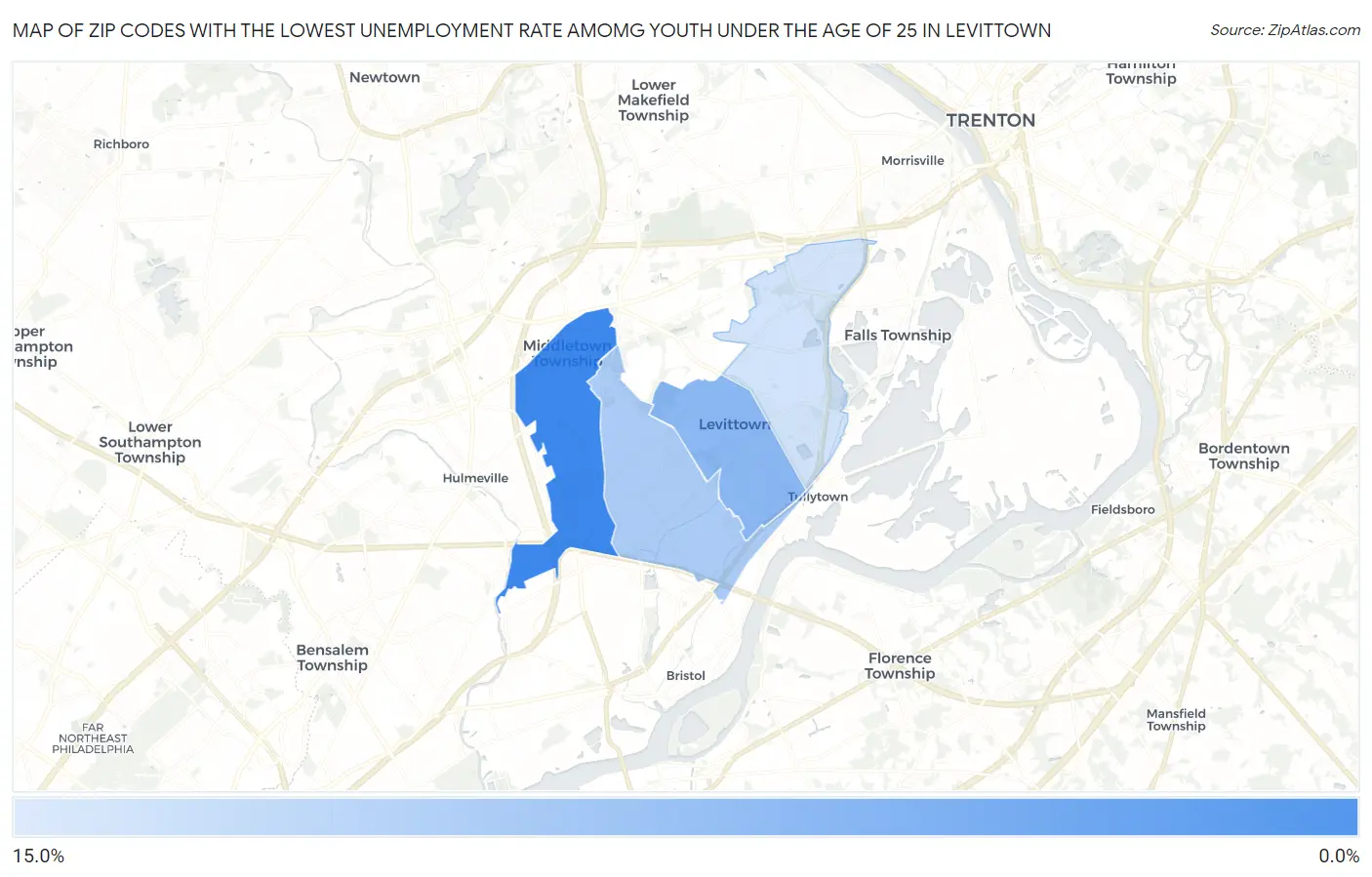 Zip Codes with the Lowest Unemployment Rate Amomg Youth Under the Age of 25 in Levittown Map