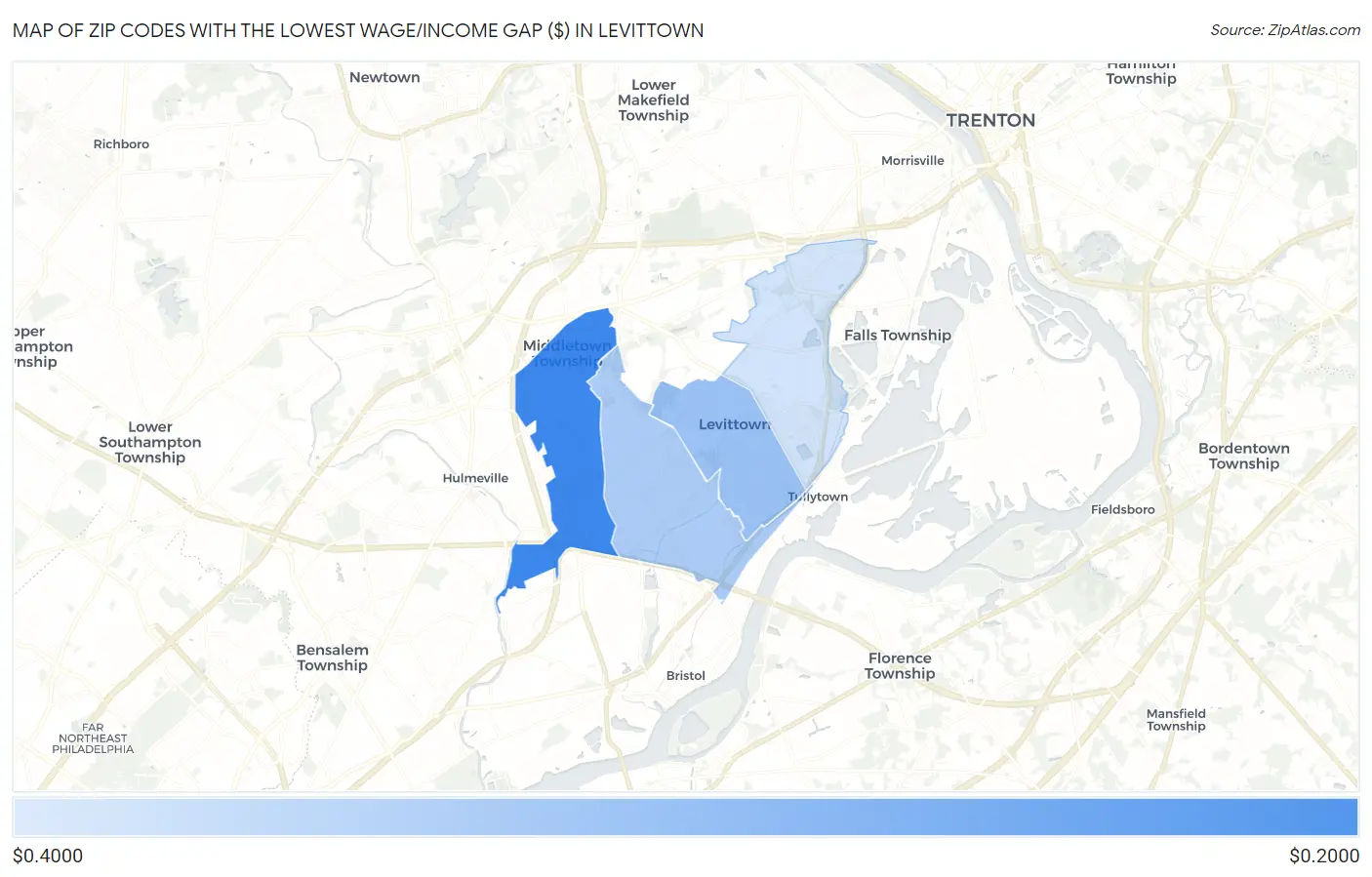 Zip Codes with the Lowest Wage/Income Gap ($) in Levittown Map