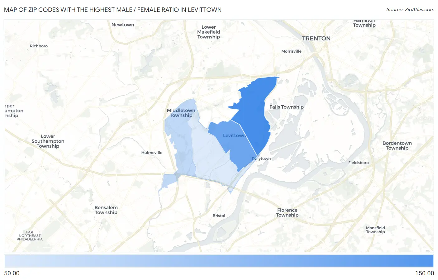 Zip Codes with the Highest Male / Female Ratio in Levittown Map