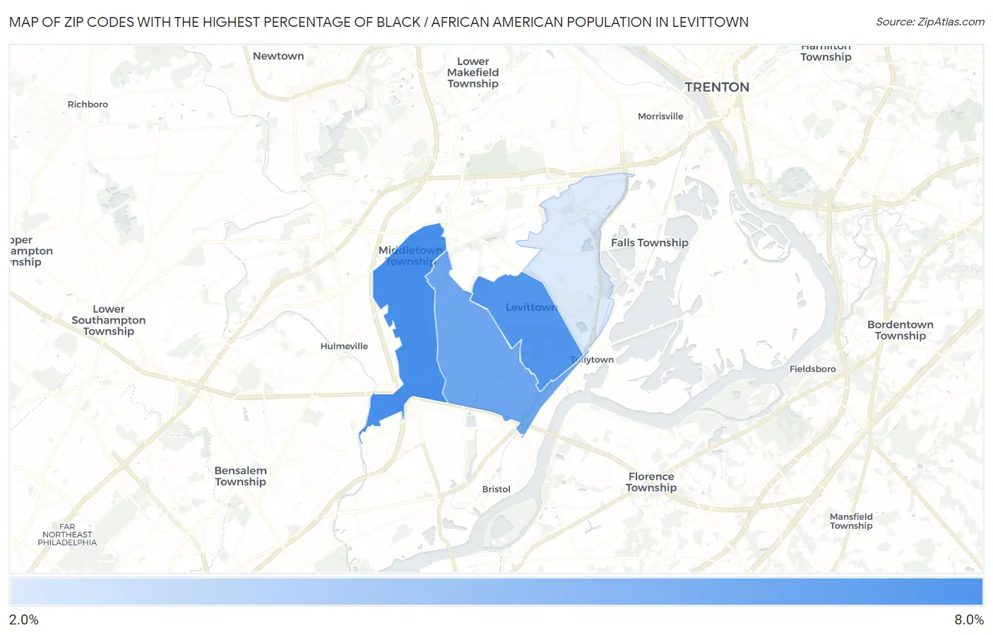 Zip Codes with the Highest Percentage of Black / African American Population in Levittown Map