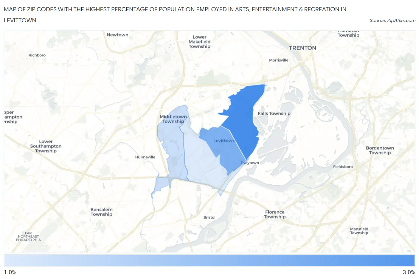 Zip Codes with the Highest Percentage of Population Employed in Arts, Entertainment & Recreation in Levittown Map