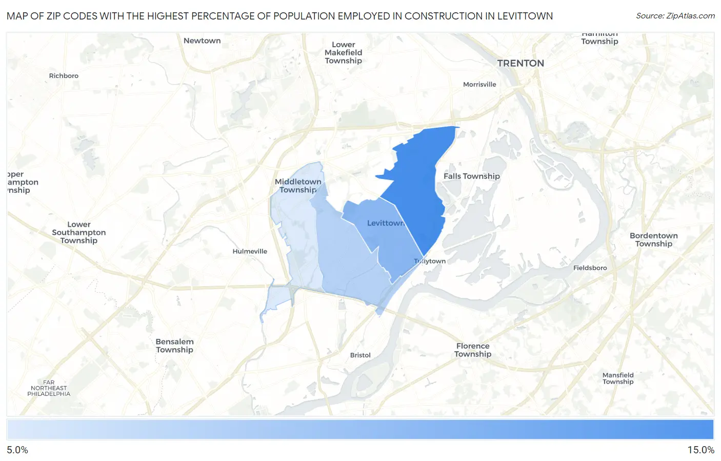Zip Codes with the Highest Percentage of Population Employed in Construction in Levittown Map