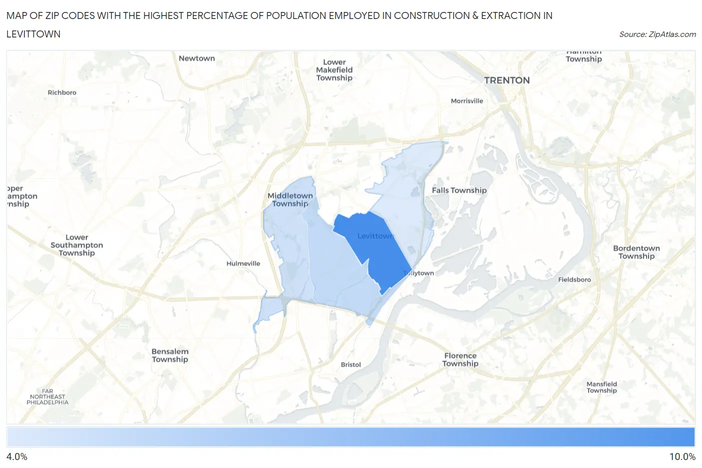 Zip Codes with the Highest Percentage of Population Employed in Construction & Extraction in Levittown Map