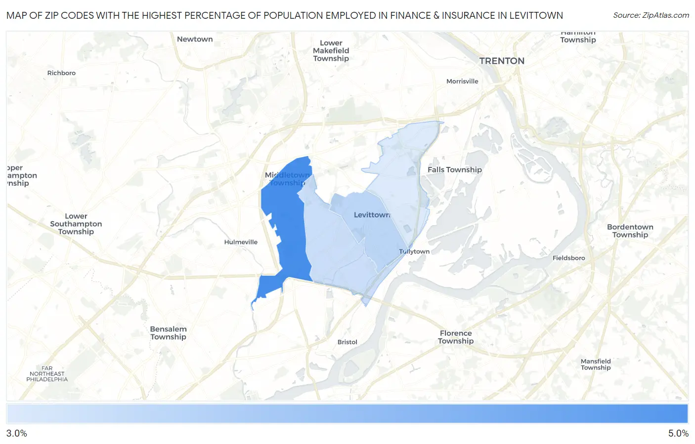 Zip Codes with the Highest Percentage of Population Employed in Finance & Insurance in Levittown Map