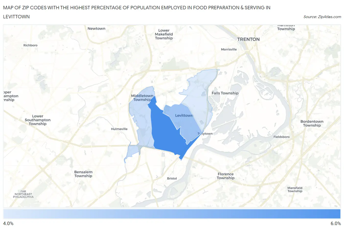 Zip Codes with the Highest Percentage of Population Employed in Food Preparation & Serving in Levittown Map