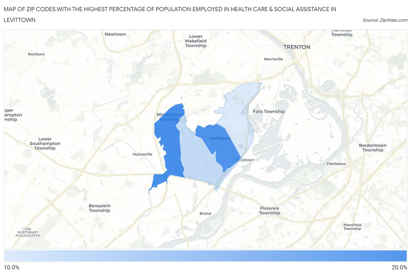 Zip Codes with the Highest Percentage of Population Employed in Health Care & Social Assistance in Levittown Map