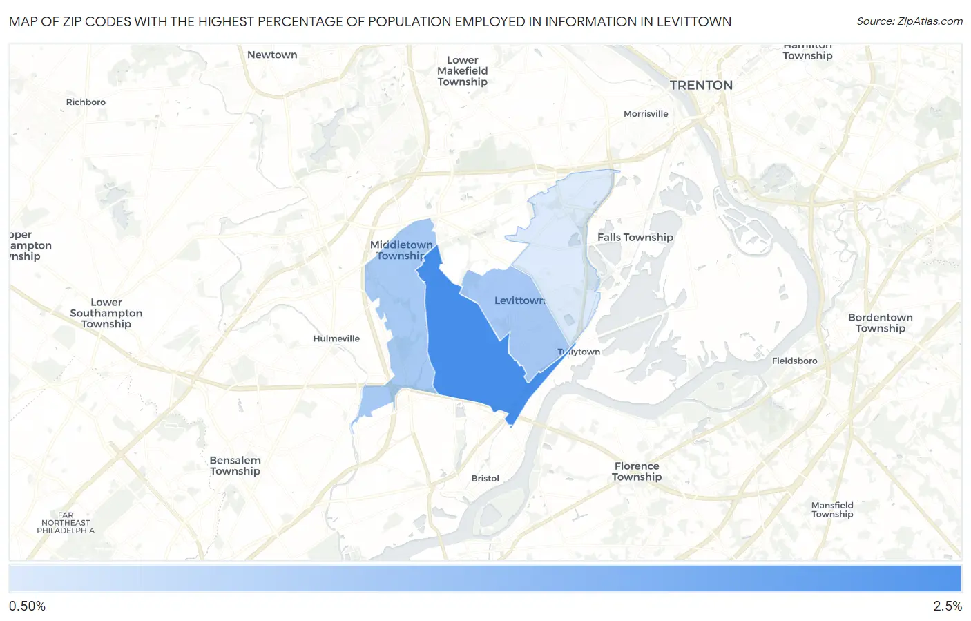 Zip Codes with the Highest Percentage of Population Employed in Information in Levittown Map