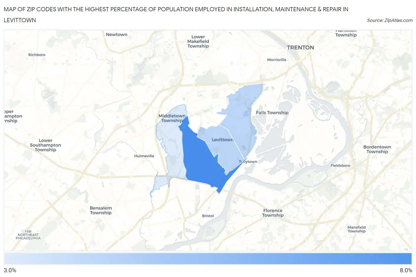 Zip Codes with the Highest Percentage of Population Employed in Installation, Maintenance & Repair in Levittown Map