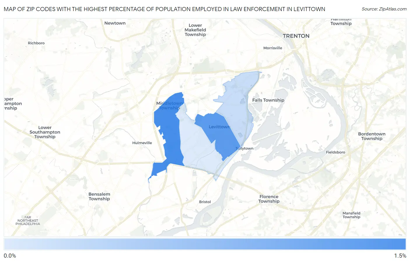 Zip Codes with the Highest Percentage of Population Employed in Law Enforcement in Levittown Map