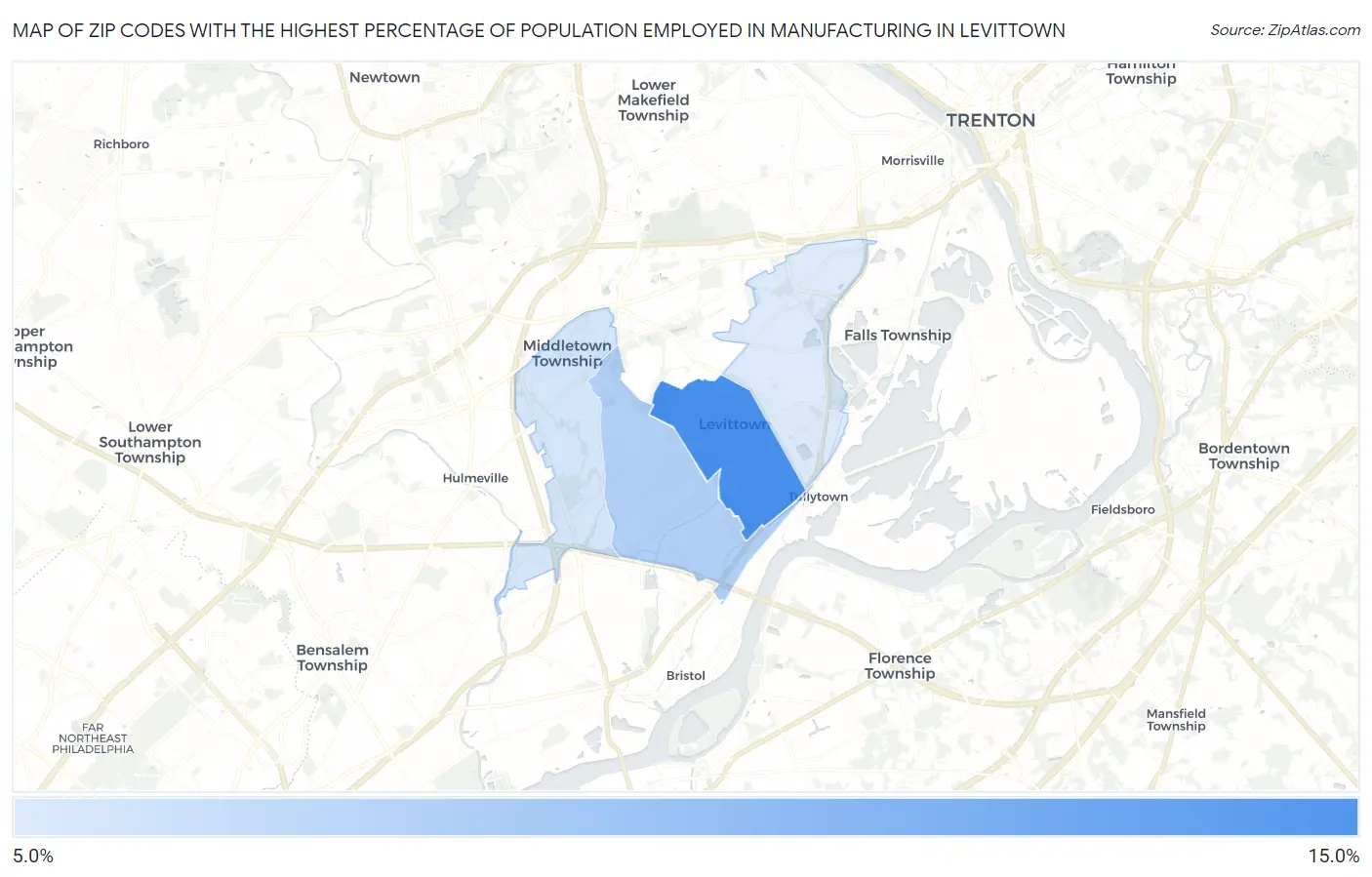 Zip Codes with the Highest Percentage of Population Employed in Manufacturing in Levittown Map