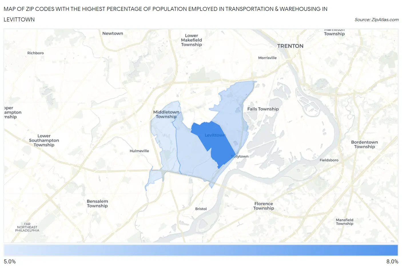 Zip Codes with the Highest Percentage of Population Employed in Transportation & Warehousing in Levittown Map