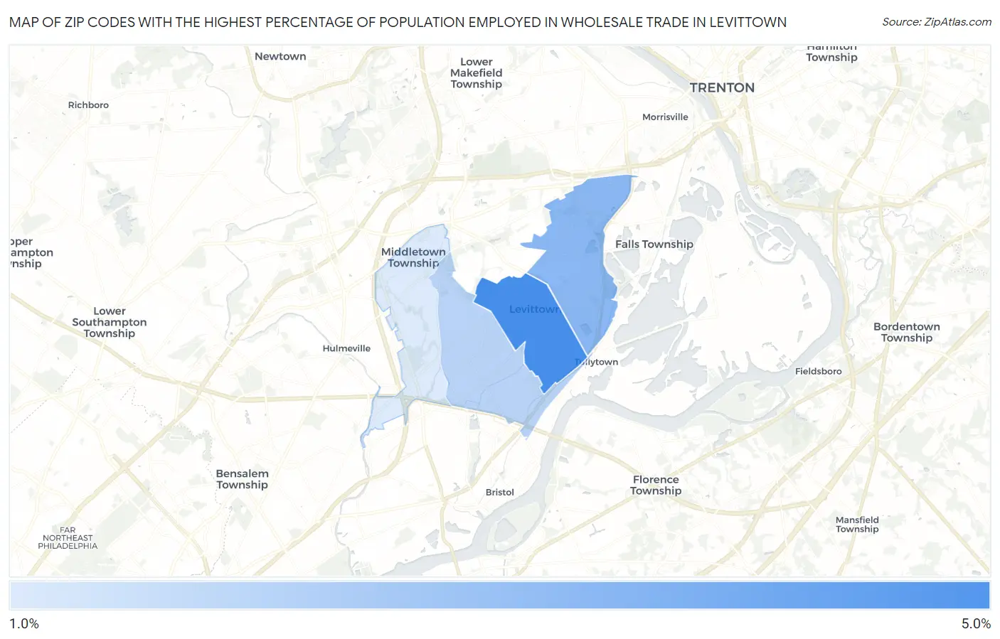 Zip Codes with the Highest Percentage of Population Employed in Wholesale Trade in Levittown Map