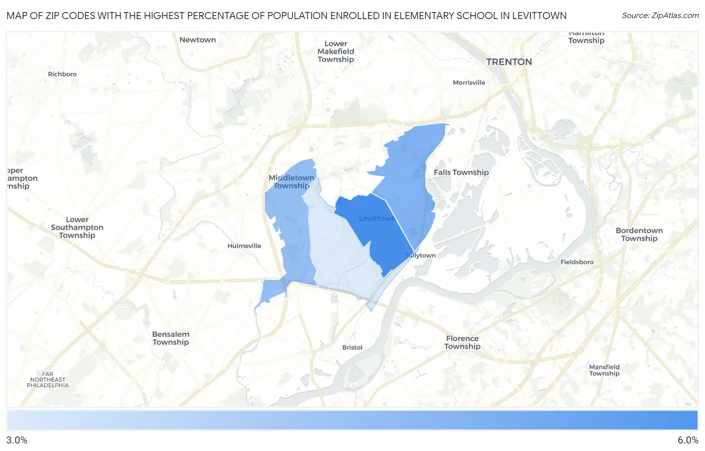Zip Codes with the Highest Percentage of Population Enrolled in Elementary School in Levittown Map