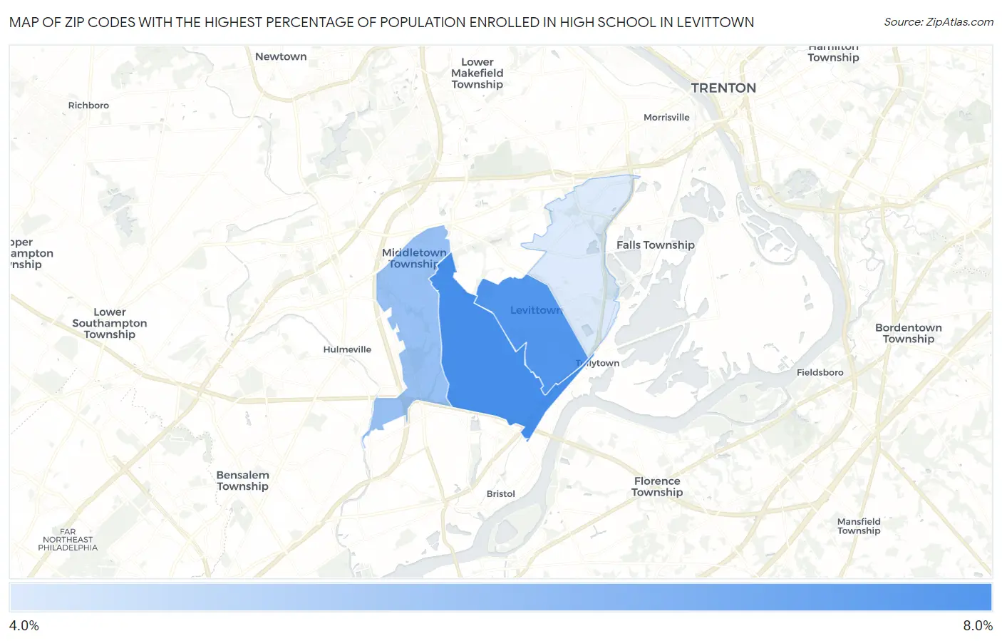 Zip Codes with the Highest Percentage of Population Enrolled in High School in Levittown Map