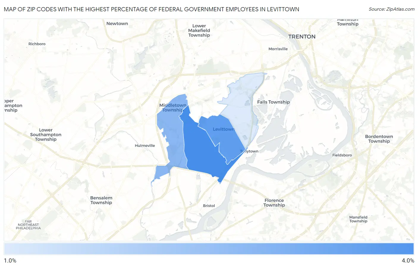 Zip Codes with the Highest Percentage of Federal Government Employees in Levittown Map