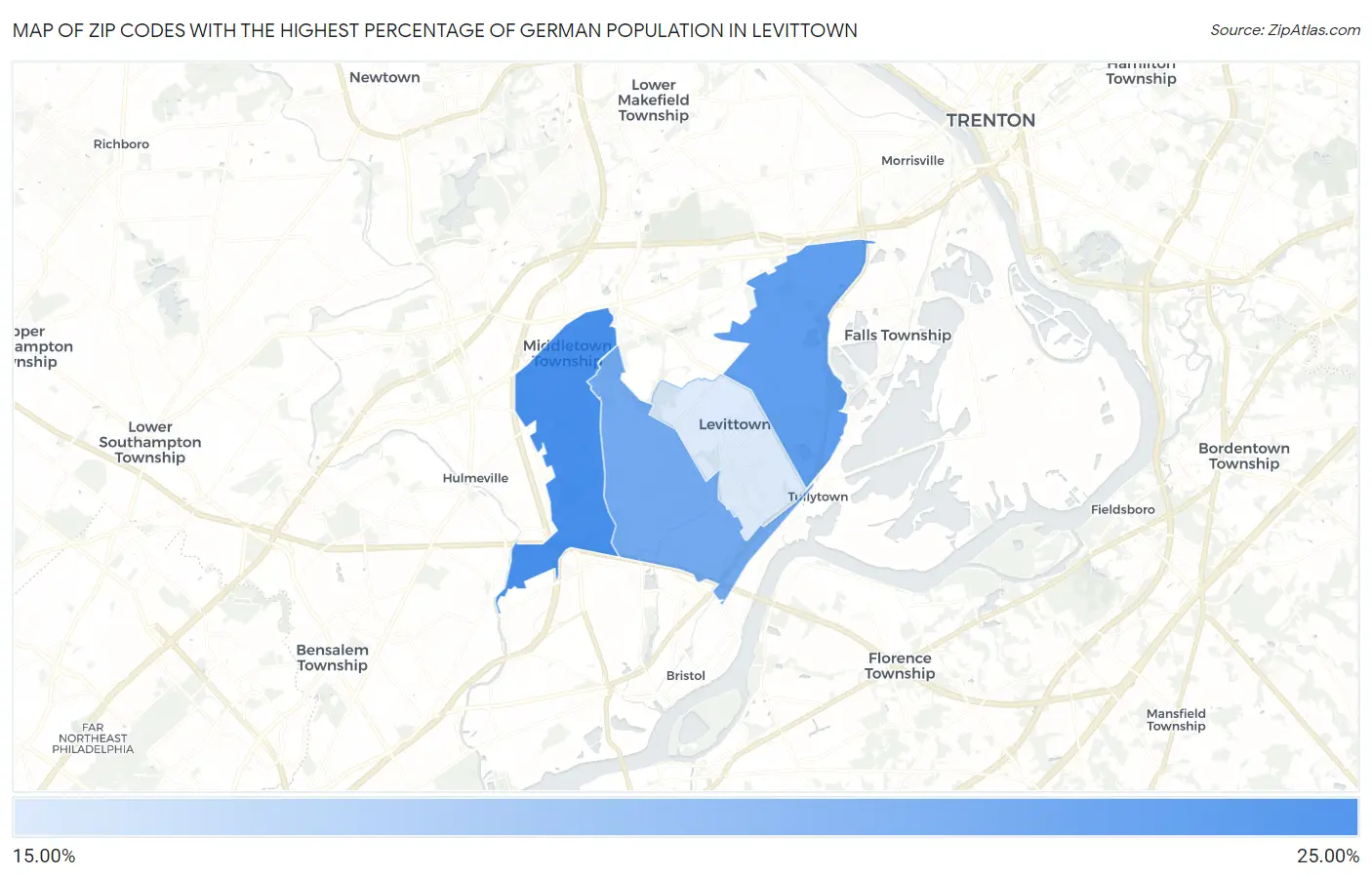 Zip Codes with the Highest Percentage of German Population in Levittown Map