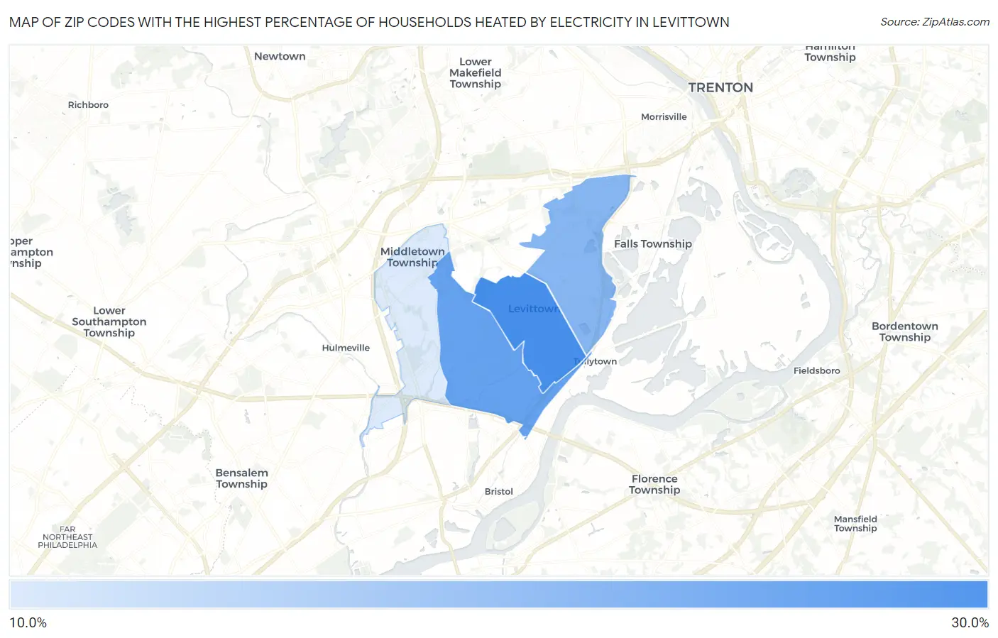 Zip Codes with the Highest Percentage of Households Heated by Electricity in Levittown Map