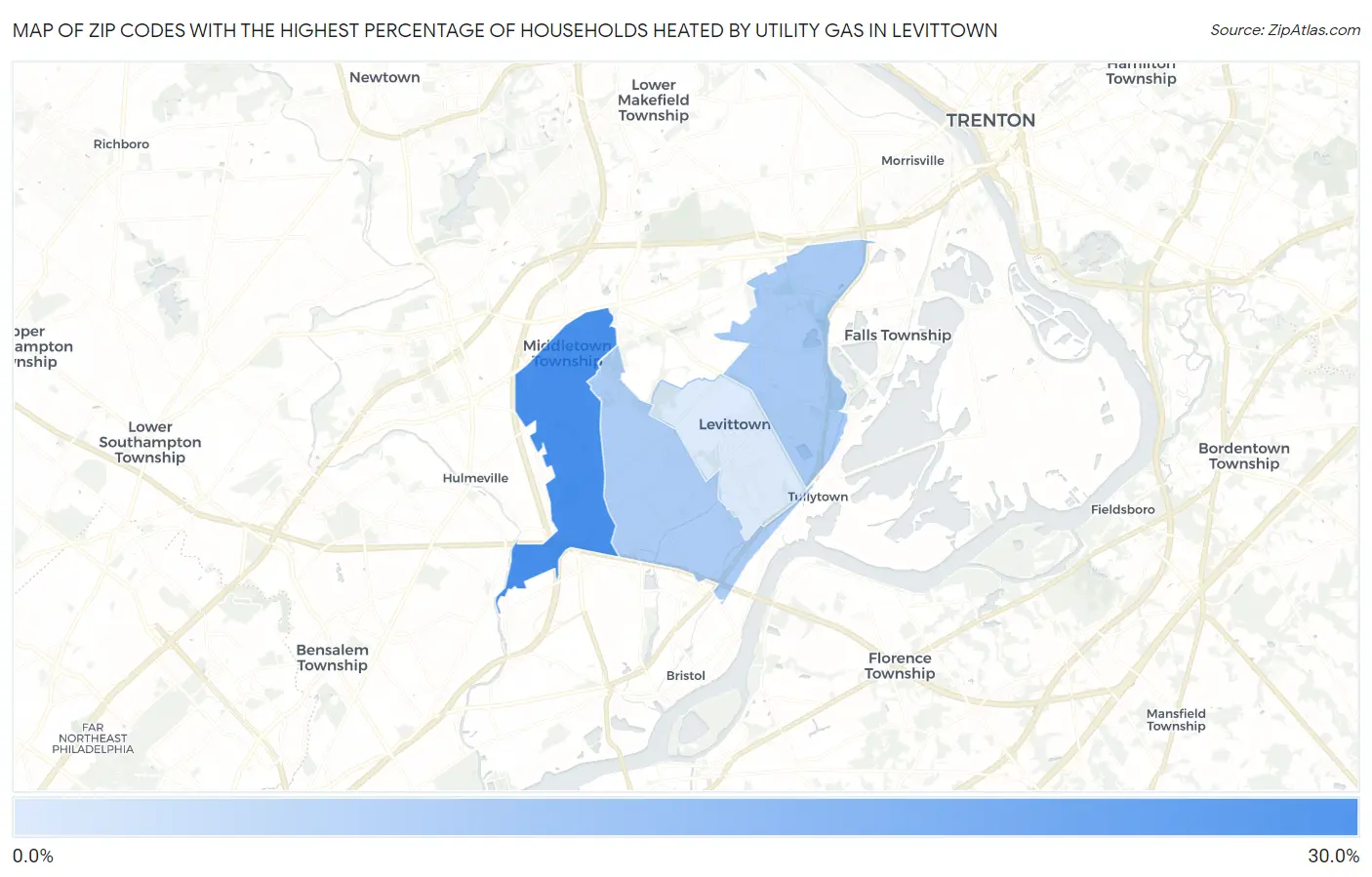 Zip Codes with the Highest Percentage of Households Heated by Utility Gas in Levittown Map