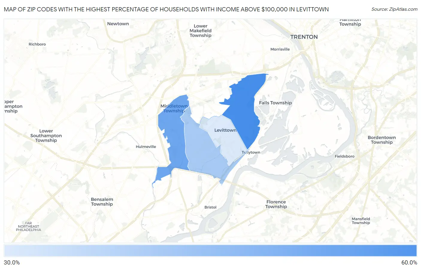 Zip Codes with the Highest Percentage of Households with Income Above $100,000 in Levittown Map