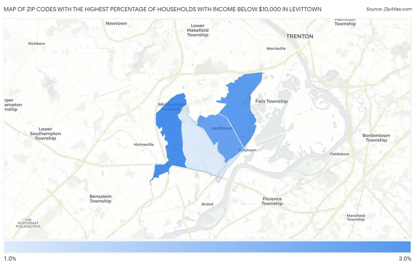 Zip Codes with the Highest Percentage of Households with Income Below $10,000 in Levittown Map
