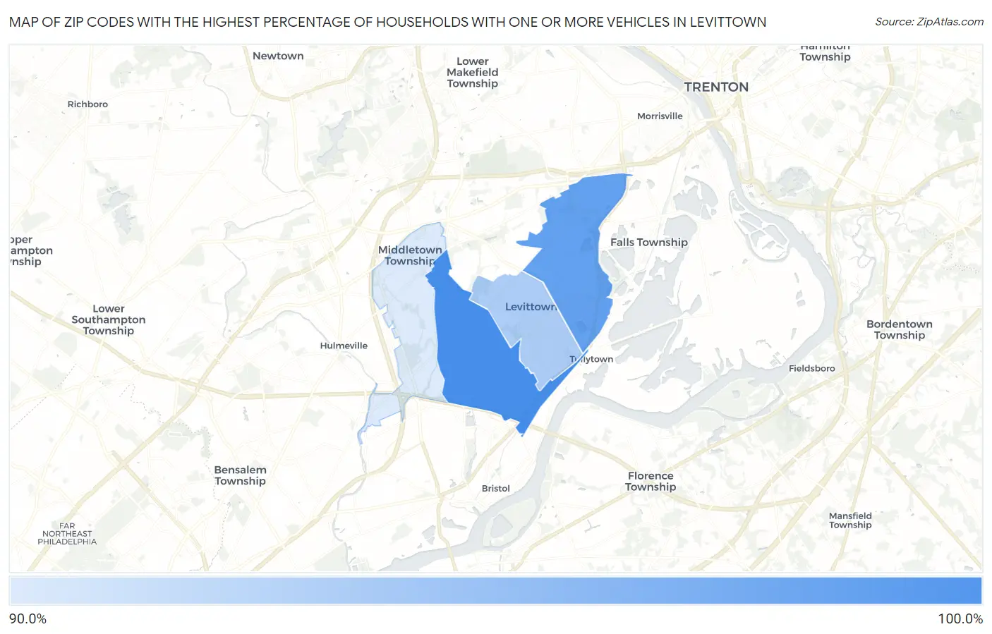 Zip Codes with the Highest Percentage of Households With One or more Vehicles in Levittown Map