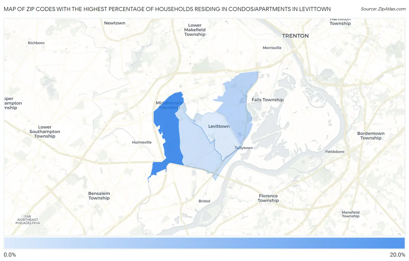 Zip Codes with the Highest Percentage of Households Residing in Condos/Apartments in Levittown Map