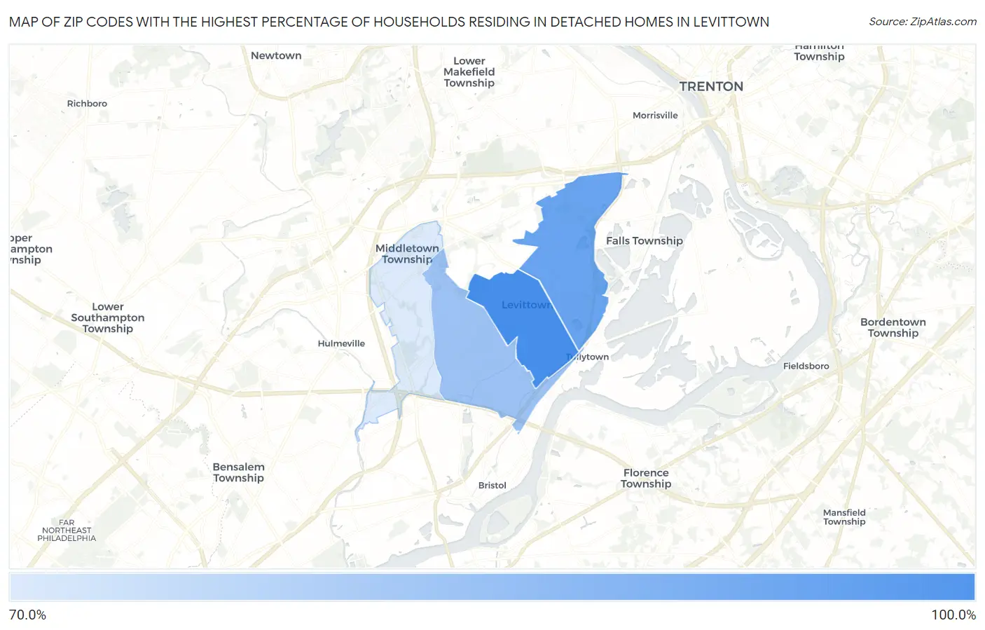 Zip Codes with the Highest Percentage of Households Residing in Detached Homes in Levittown Map