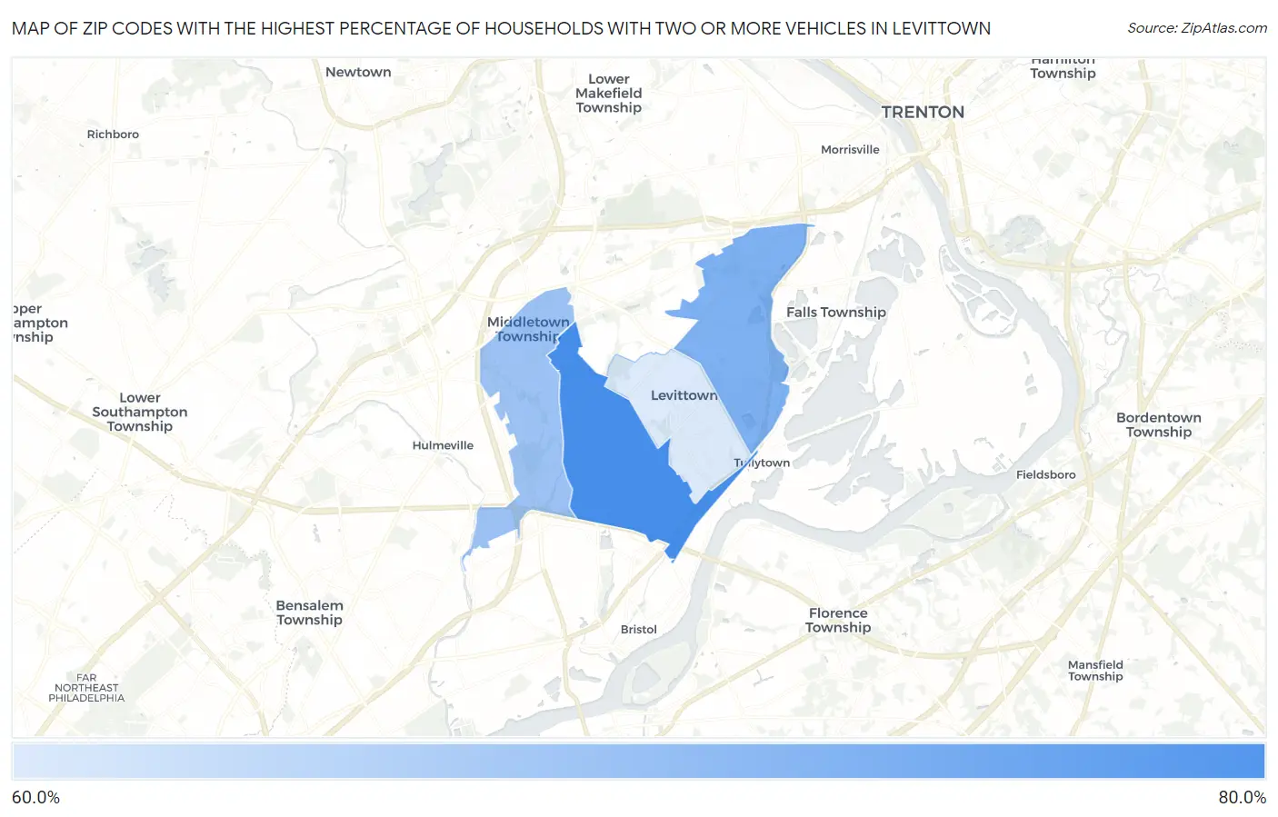 Zip Codes with the Highest Percentage of Households With Two or more Vehicles in Levittown Map