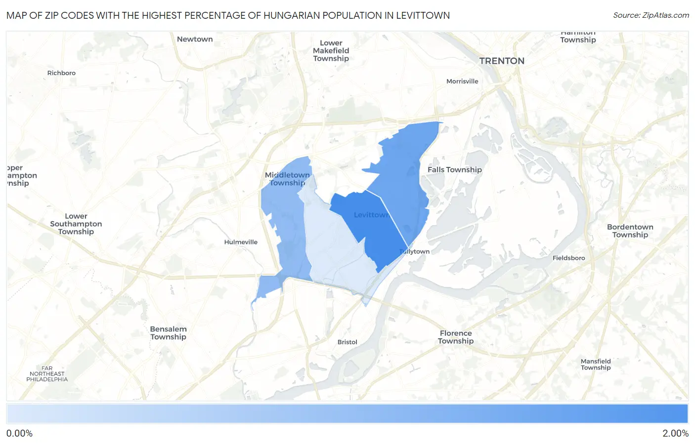 Zip Codes with the Highest Percentage of Hungarian Population in Levittown Map