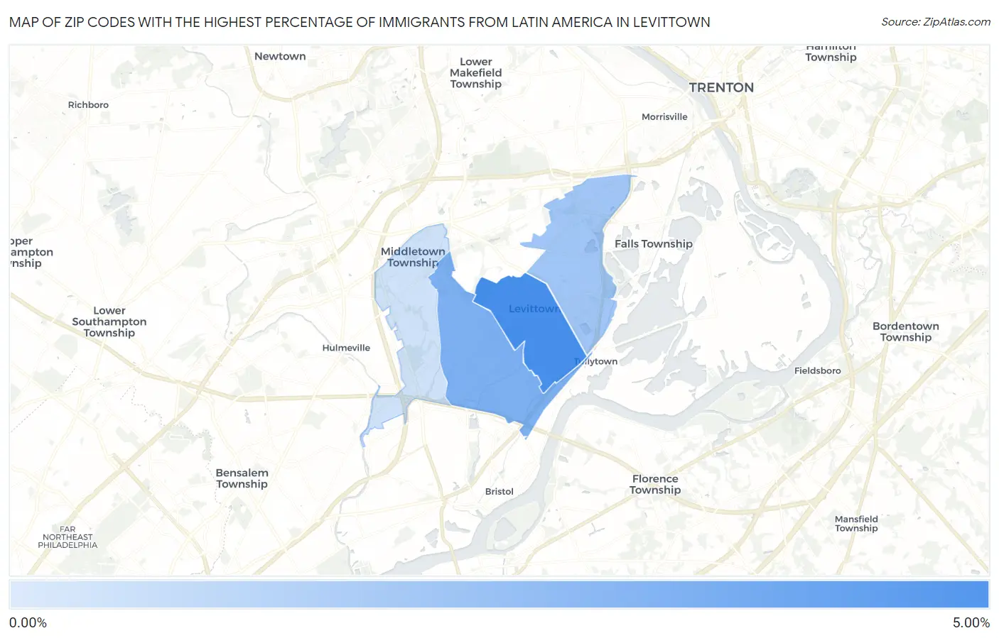 Zip Codes with the Highest Percentage of Immigrants from Latin America in Levittown Map