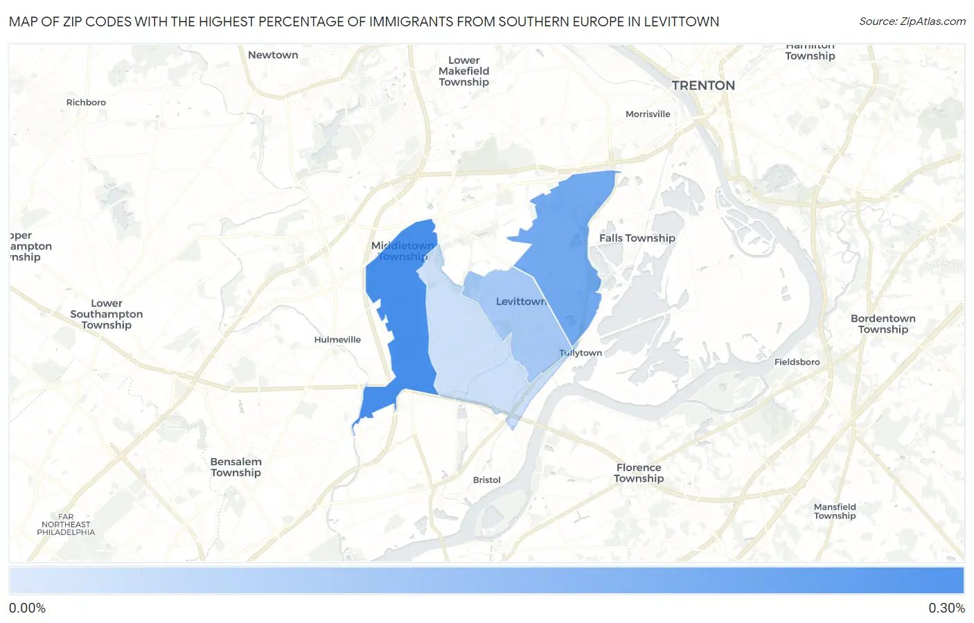 Zip Codes with the Highest Percentage of Immigrants from Southern Europe in Levittown Map