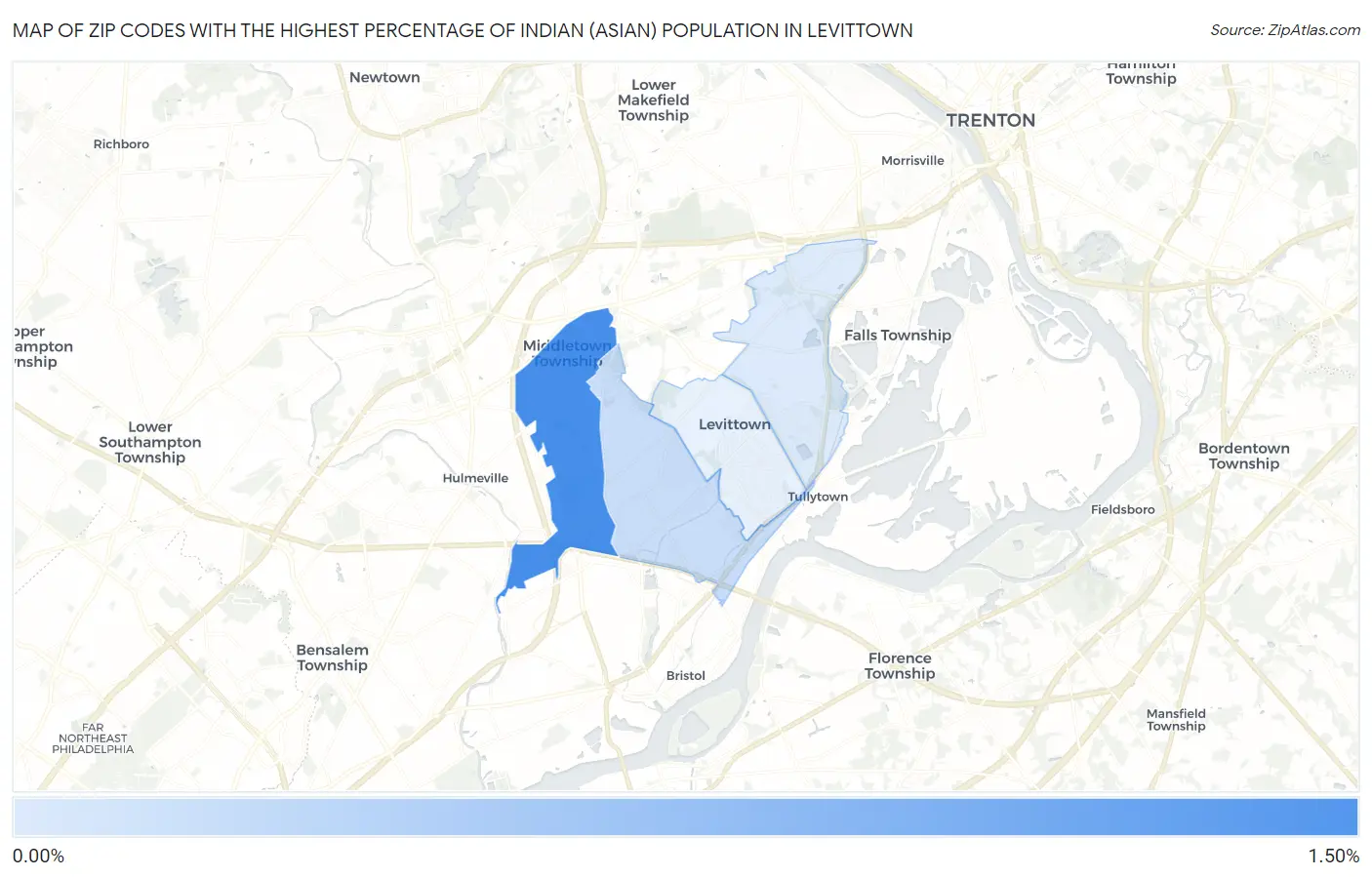 Zip Codes with the Highest Percentage of Indian (Asian) Population in Levittown Map