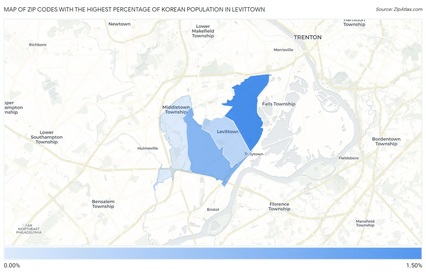 Zip Codes with the Highest Percentage of Korean Population in Levittown Map