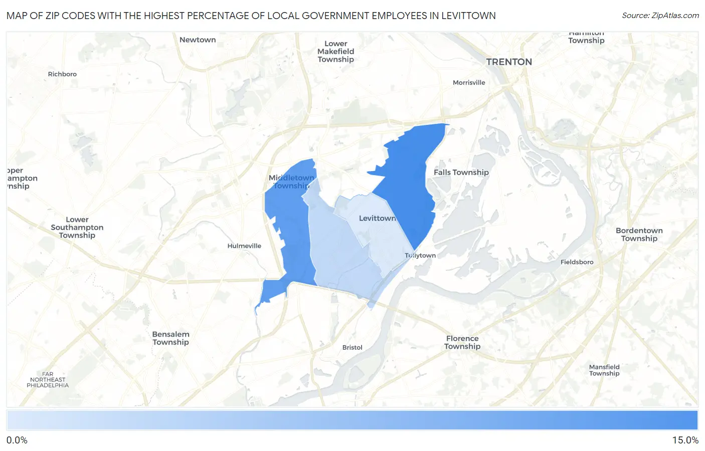 Zip Codes with the Highest Percentage of Local Government Employees in Levittown Map