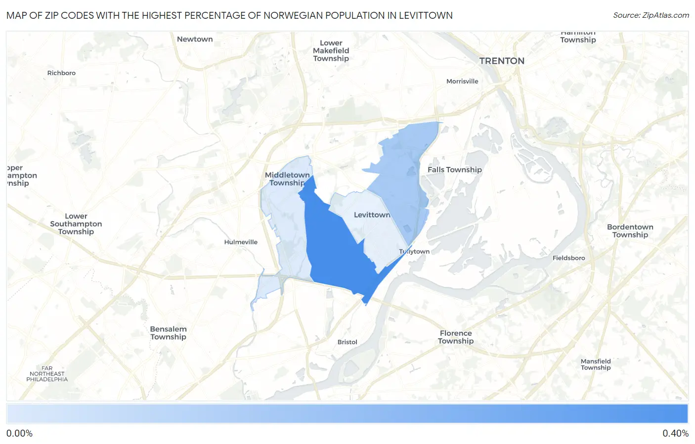 Zip Codes with the Highest Percentage of Norwegian Population in Levittown Map